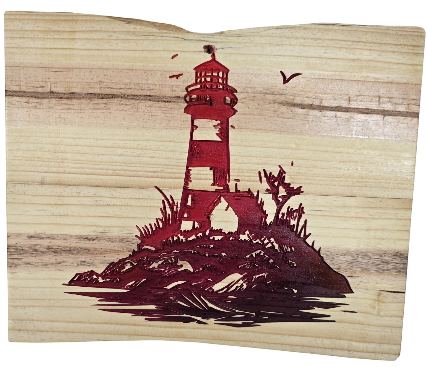 TK Wood Designs natural wood art featuring a red lighthouse on a rocky island with seagulls. Coastal decor.