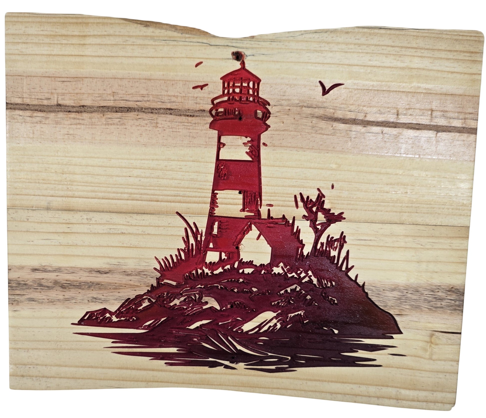 TK Wood Designs natural wood art featuring a red lighthouse on a rocky island with seagulls. Coastal decor.