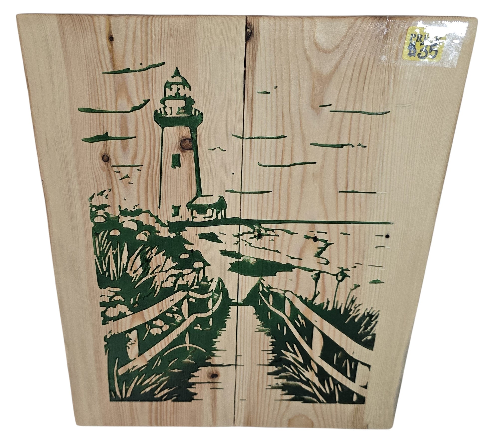 TK Wood Designs natural wood wall art featuring a green lighthouse scene with a pathway to the sea.