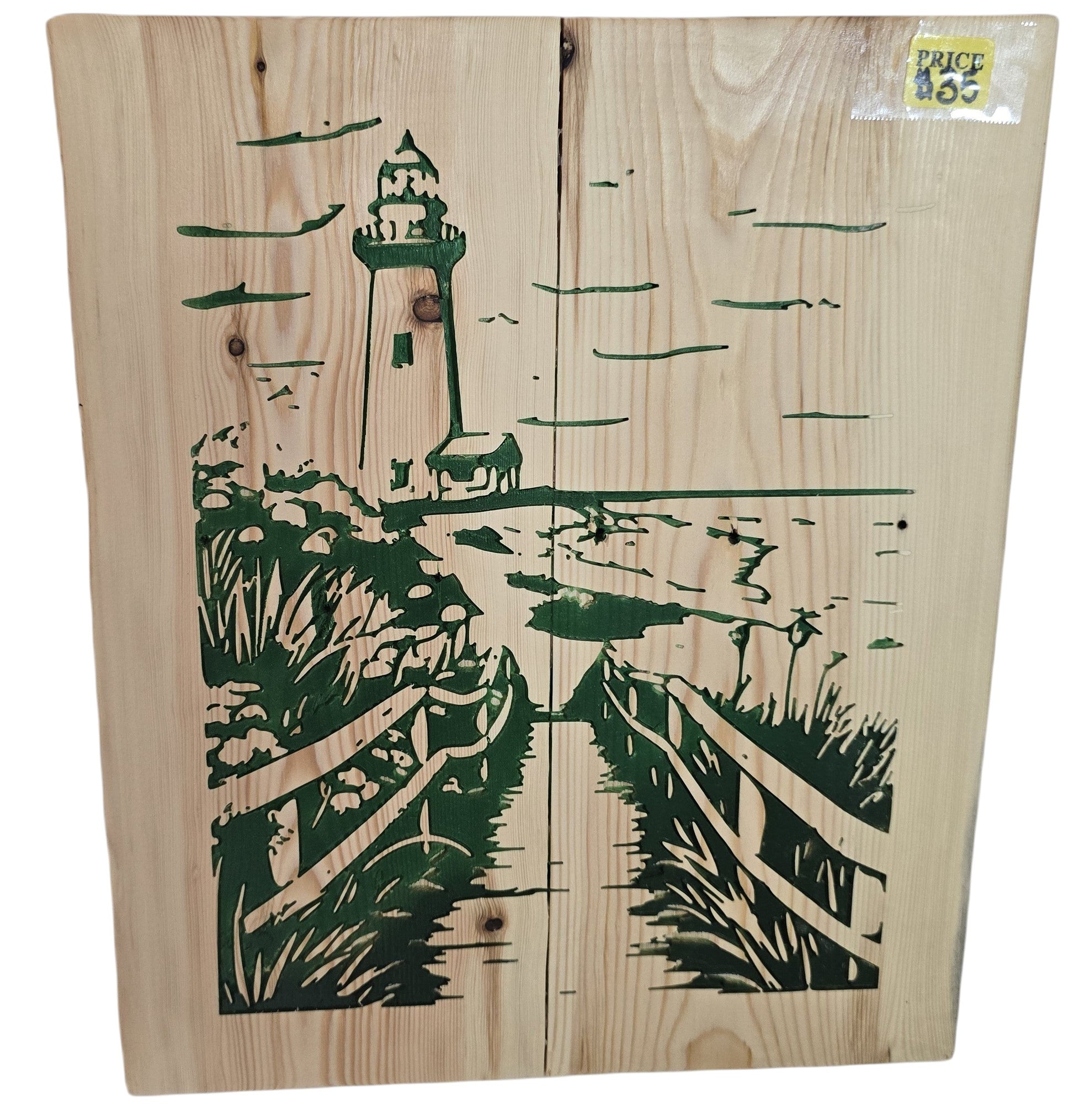 TK Wood Designs natural wood wall art featuring a green lighthouse scene with a pathway to the sea.