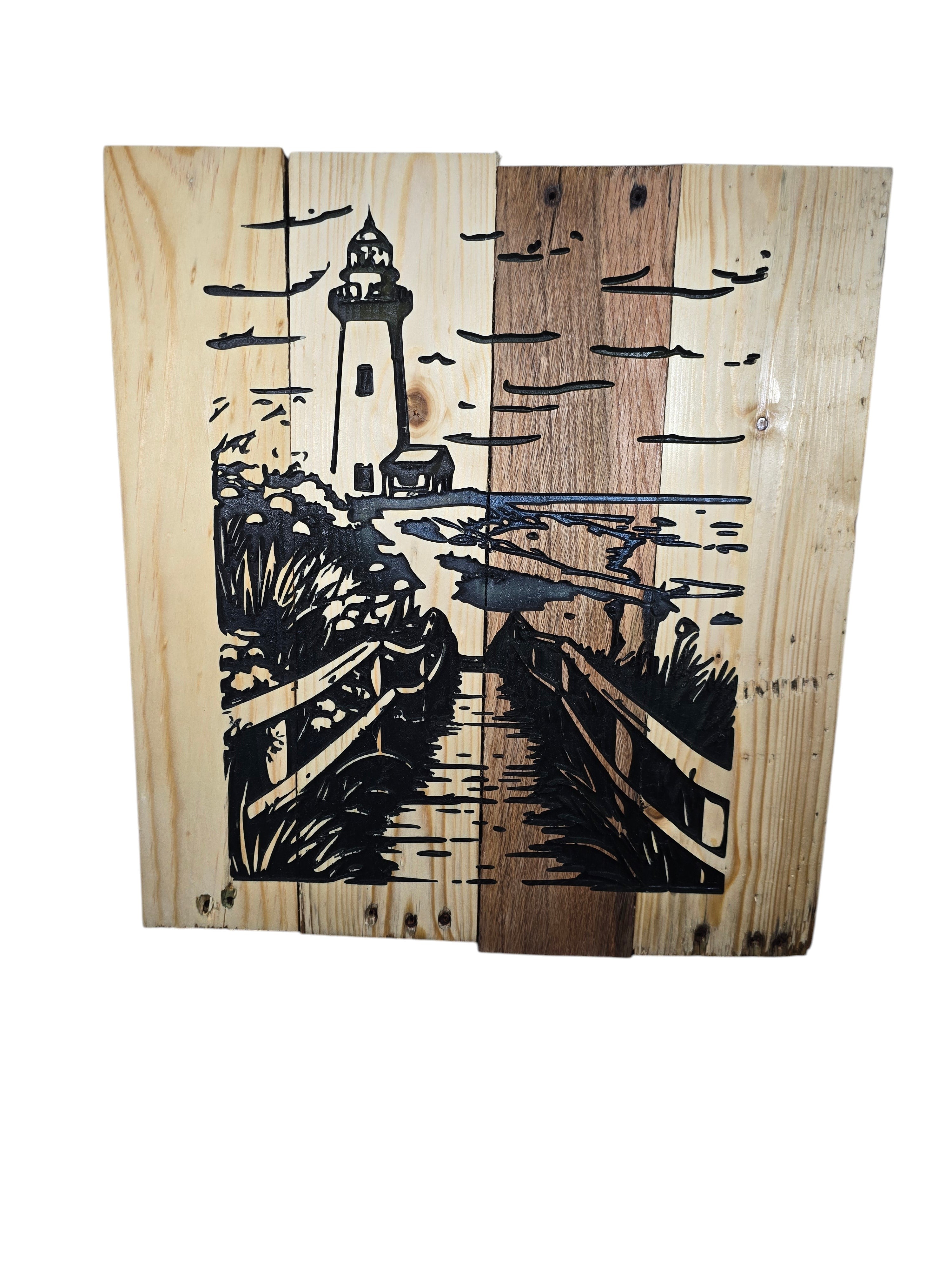 TK Wood Designs coastal lighthouse wooden wall art with a boardwalk and ocean scene etched on natural wood planks.