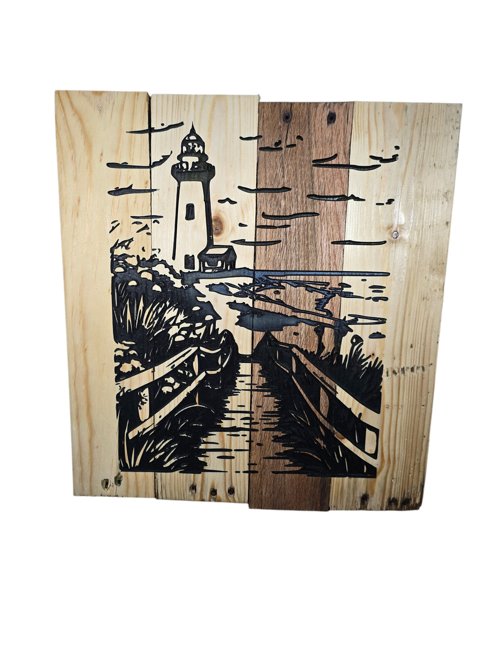 TK Wood Designs coastal lighthouse wooden wall art with boardwalk and ocean scene etched on natural wood planks.