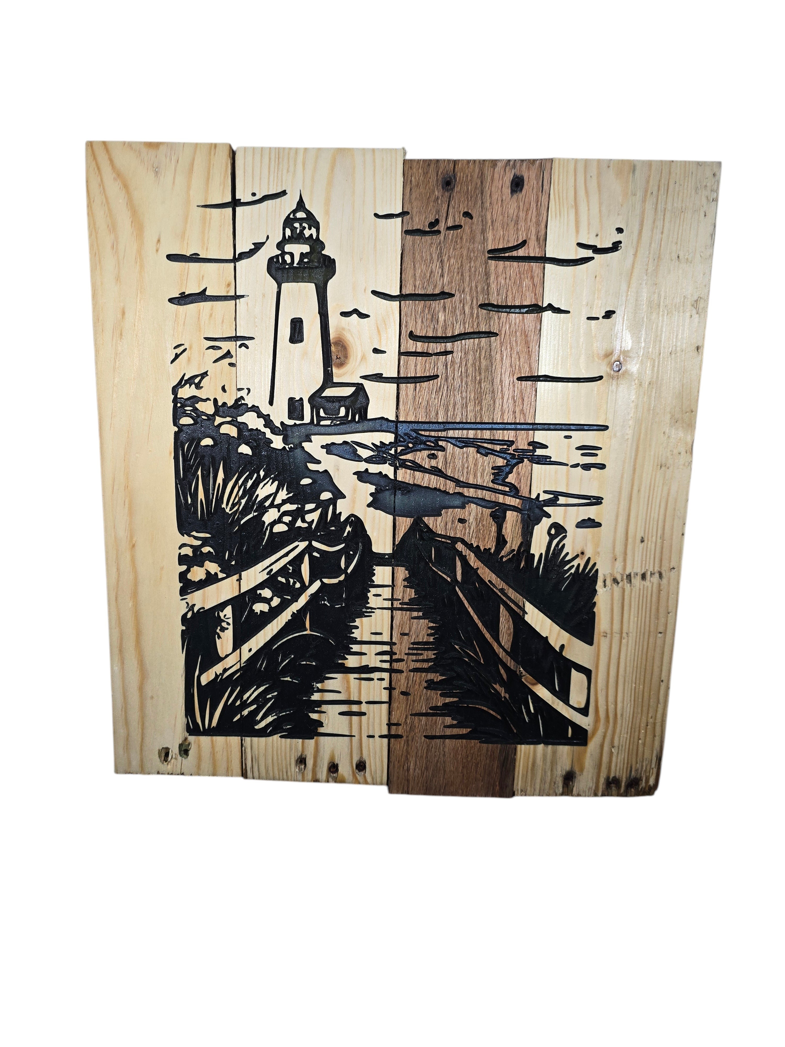 TK Wood Designs coastal lighthouse wooden wall art with boardwalk and ocean scene etched on natural wood planks.