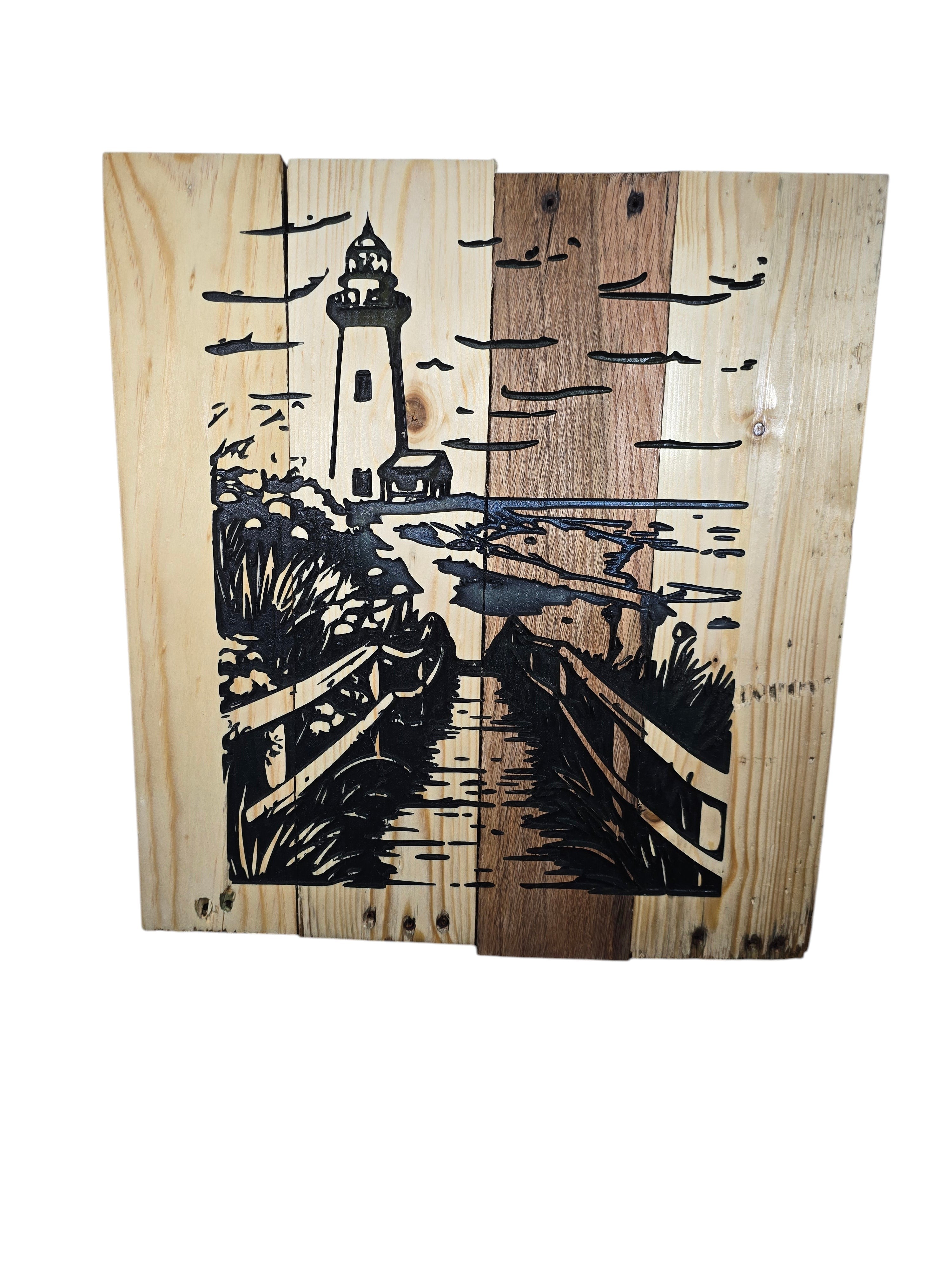 TK Wood Designs coastal lighthouse wooden wall art with etched scene on natural wood planks, evoking seaside tranquility.