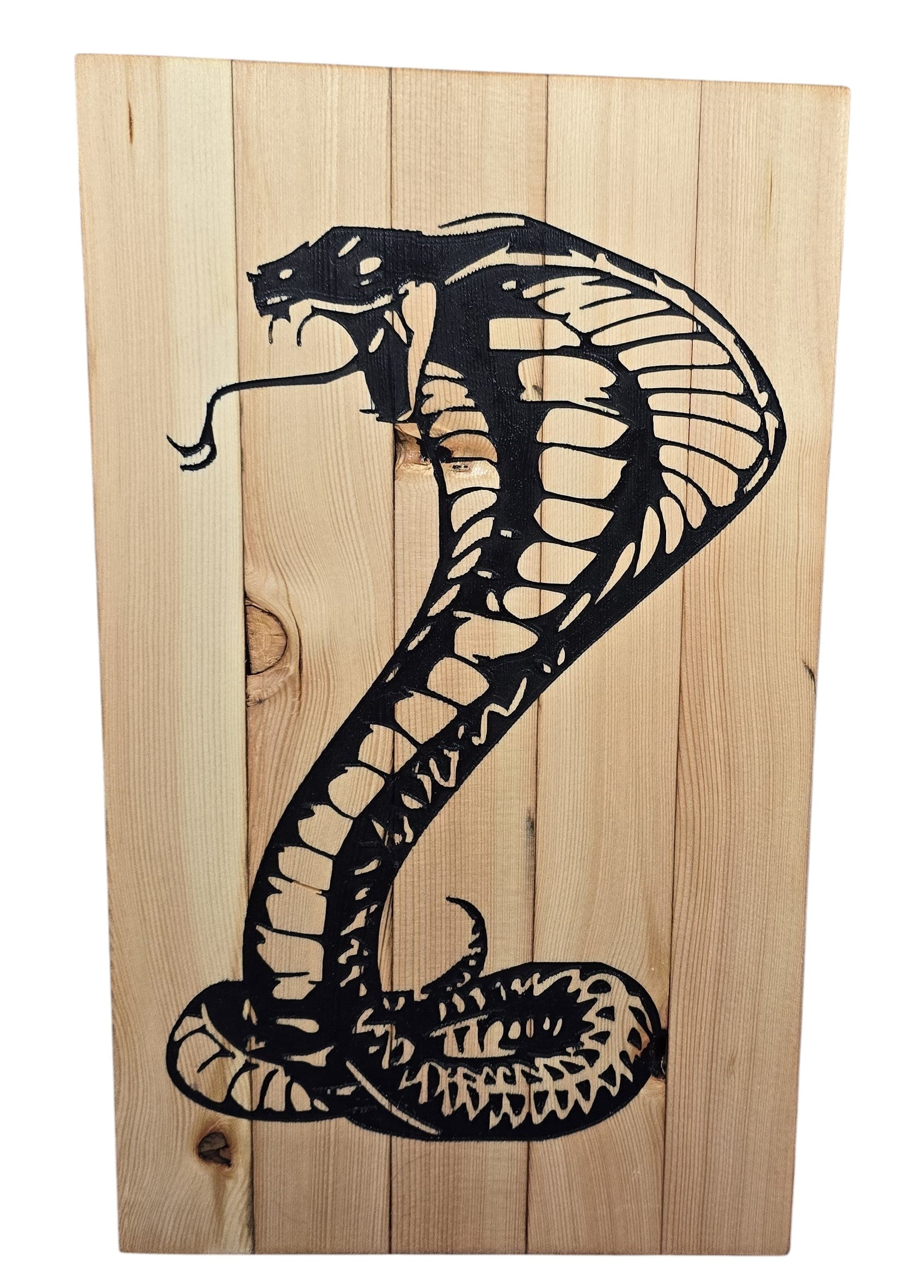 TK Wood Designs natural wood wall art featuring a black silhouette of a striking cobra.