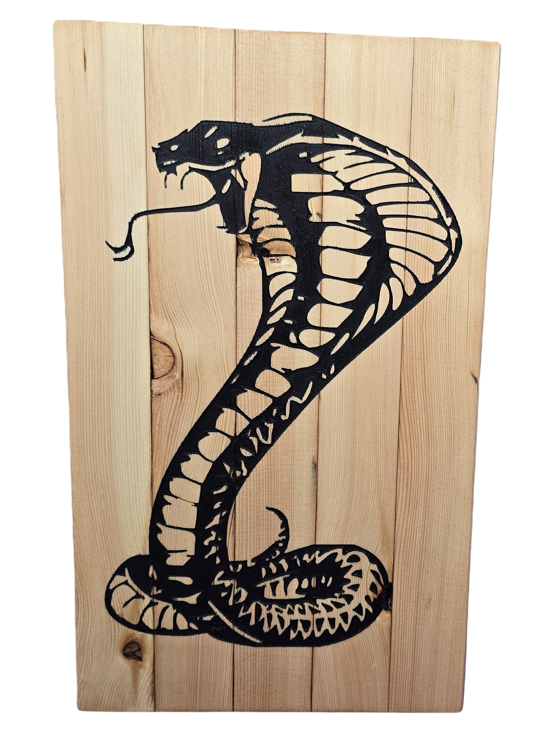TK Wood Designs natural wood wall art featuring a black cobra silhouette in a striking pose. Rustic design.