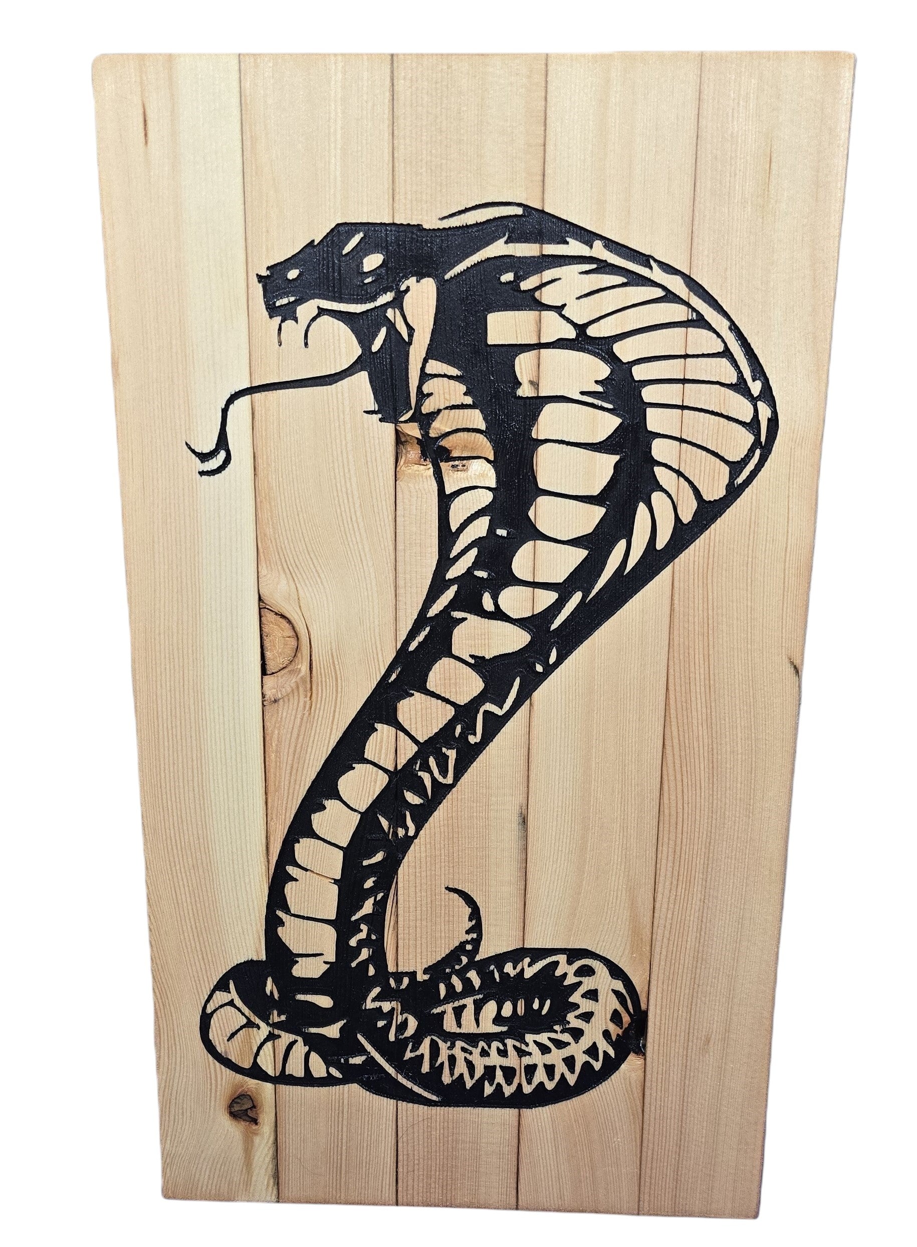 TK Wood Designs natural wood wall art featuring a black silhouette of a cobra in a striking pose.