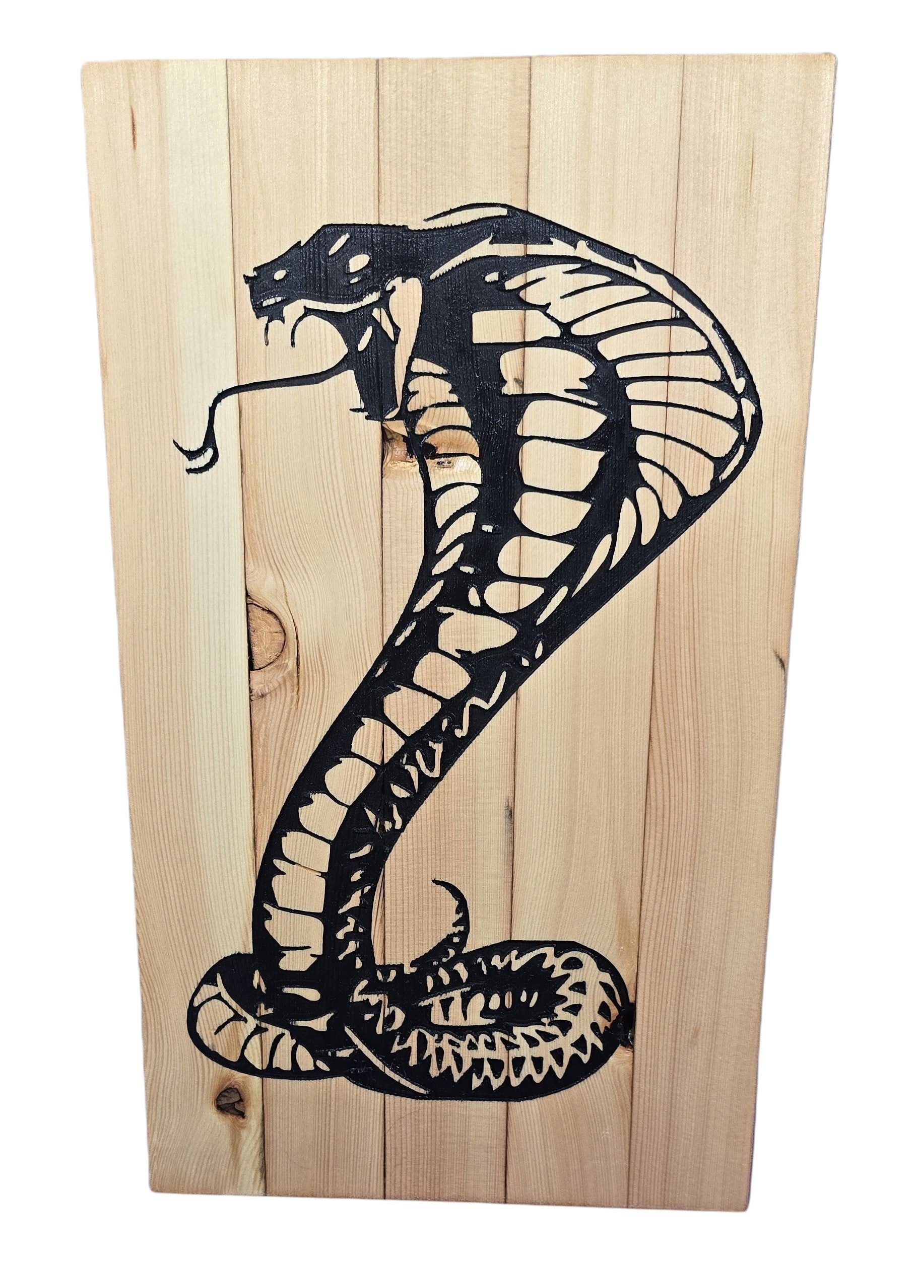 TK Wood Designs natural wood wall art featuring a black silhouette of a striking cobra.