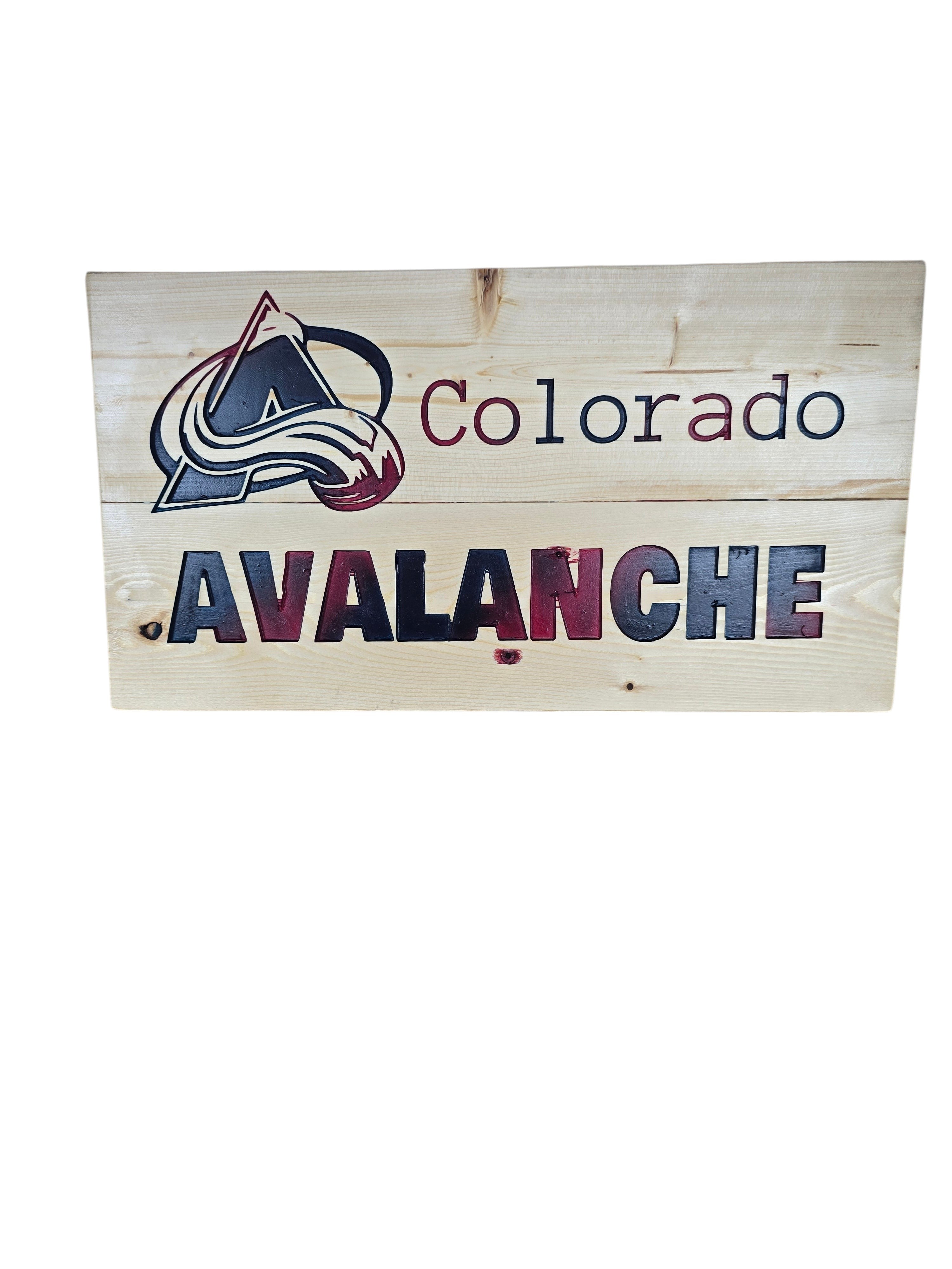TK Wood Designs Colorado Avalanche hockey team wooden sign with carved logo and team name in burgundy, black, and blue.