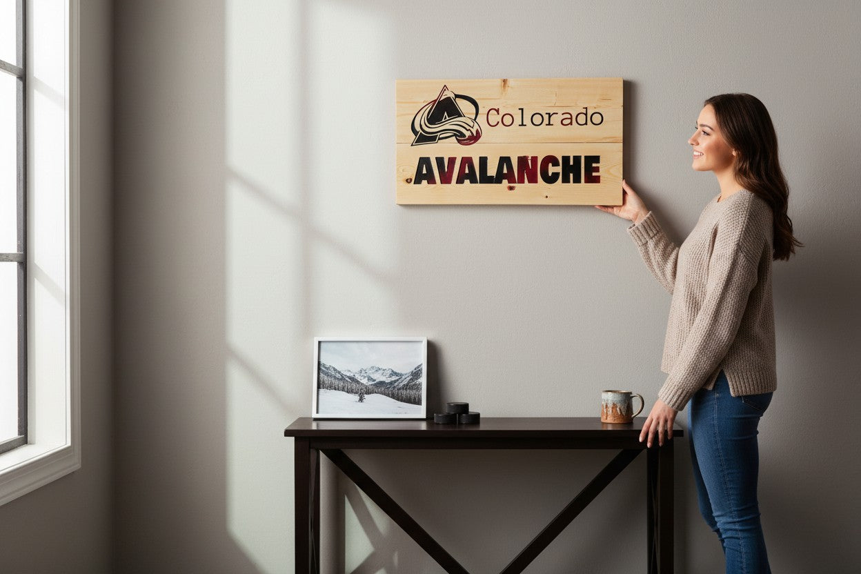 TK Wood Designs Colorado Avalanche hockey team wooden sign with burgundy, black, and blue logo and text.