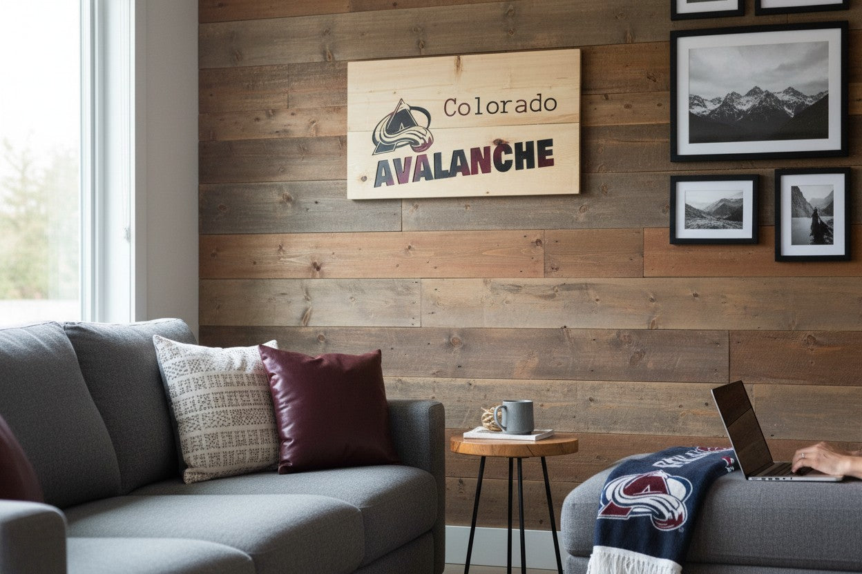 TK Wood Designs Colorado Avalanche hockey team wooden sign with burgundy, black, and blue logo. Rustic pine wood.