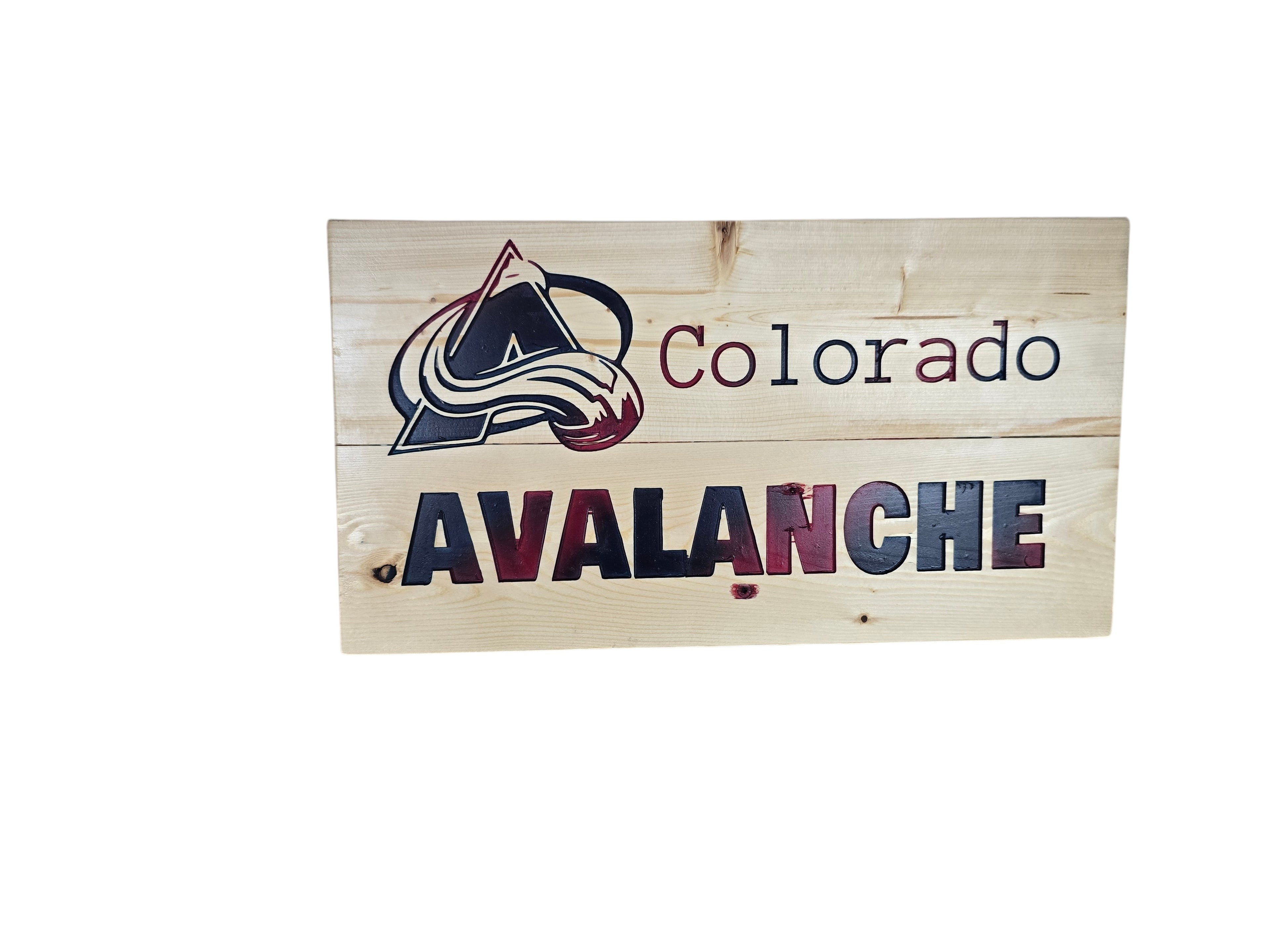 TK Wood Designs Colorado Avalanche hockey team wooden sign with carved logo and team name in burgundy, black, and blue.