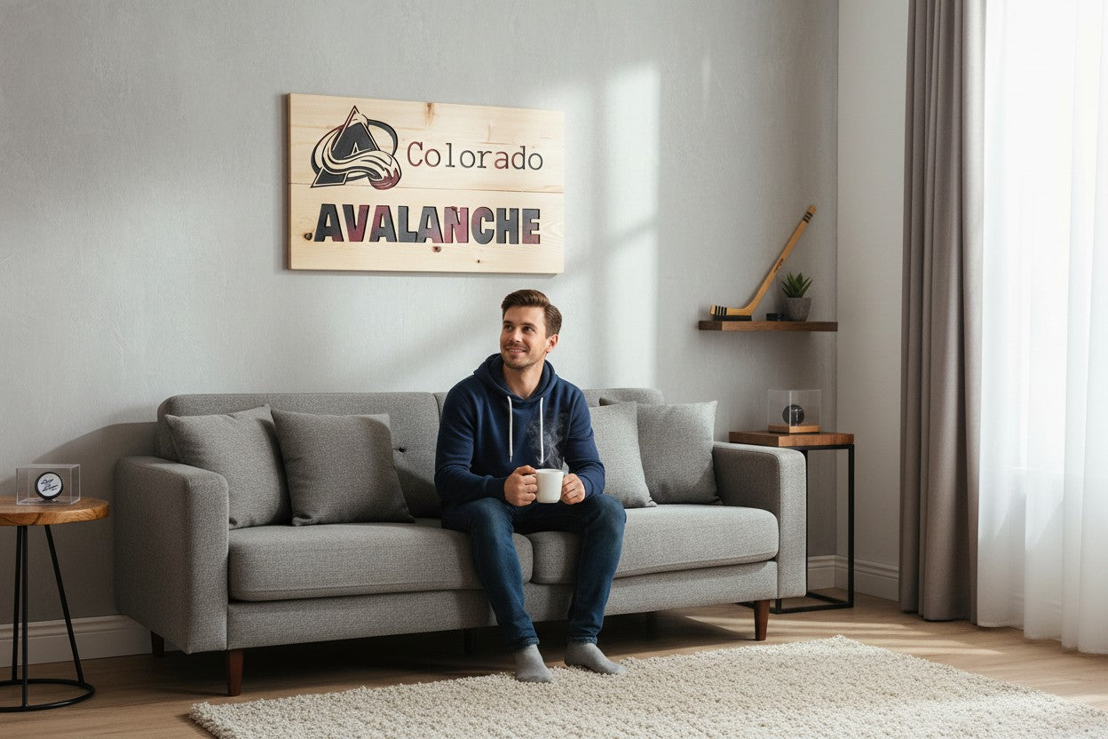 TK Wood Designs Colorado Avalanche wooden sign with carved logo and team name in burgundy, black, and blue. Natural pine wood.
