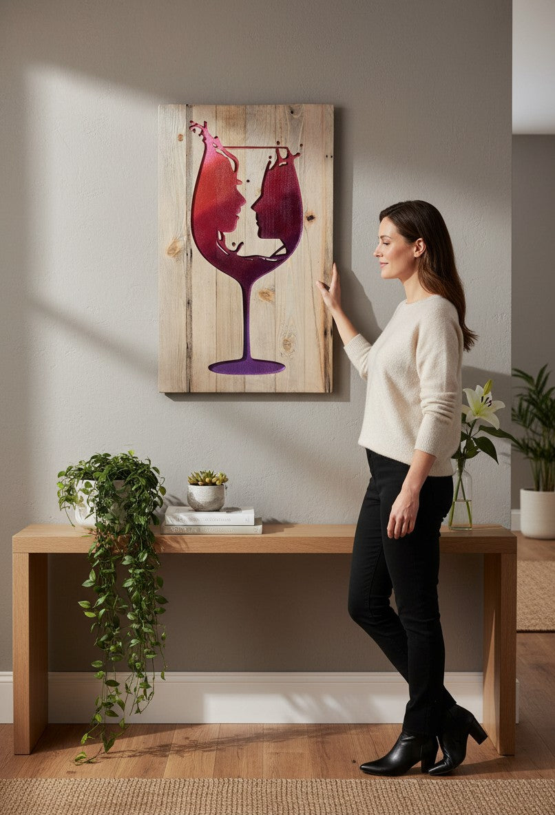 TK Wood Designs reclaimed wood sign featuring a couple champagne glass design in red and purple hues. 16" H x 10" W.