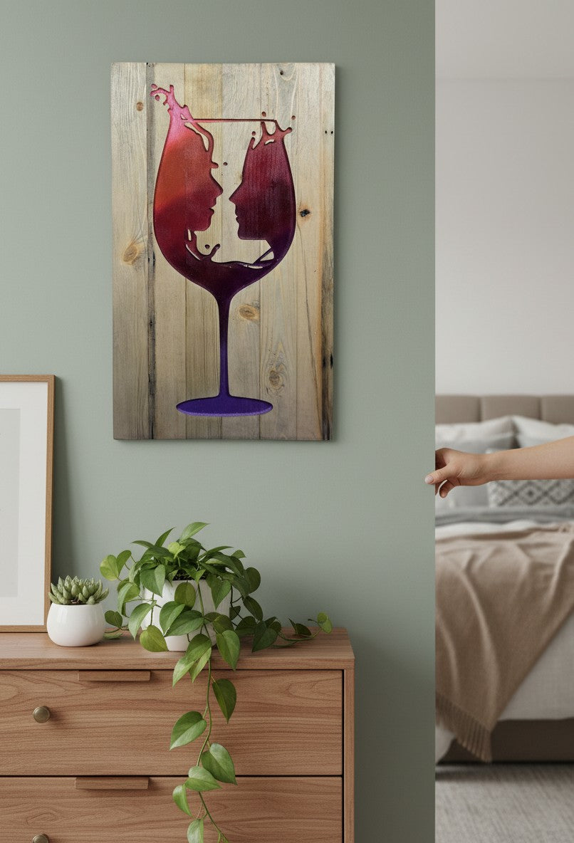 TK Wood Designs reclaimed wood sign featuring a couple champagne glass design in red and purple hues. Perfect for home bar or gift.