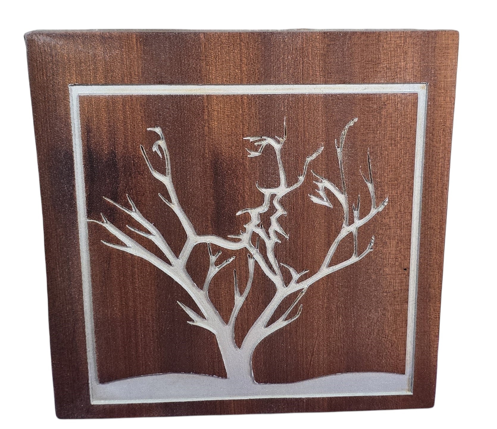 TK Wood Designs Couple Tree on Cherry Wood sign, featuring intertwined tree branches forming a couple's profile. Handcrafted from reclaimed cherry wood.