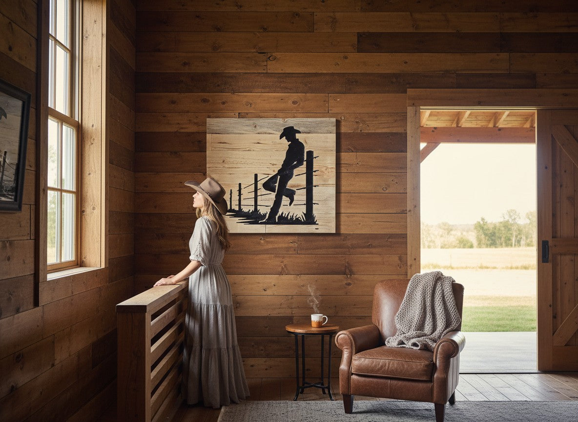 TK Wood Designs reclaimed wood sign featuring a black silhouette of a cowboy leaning on a fence. Western decor.