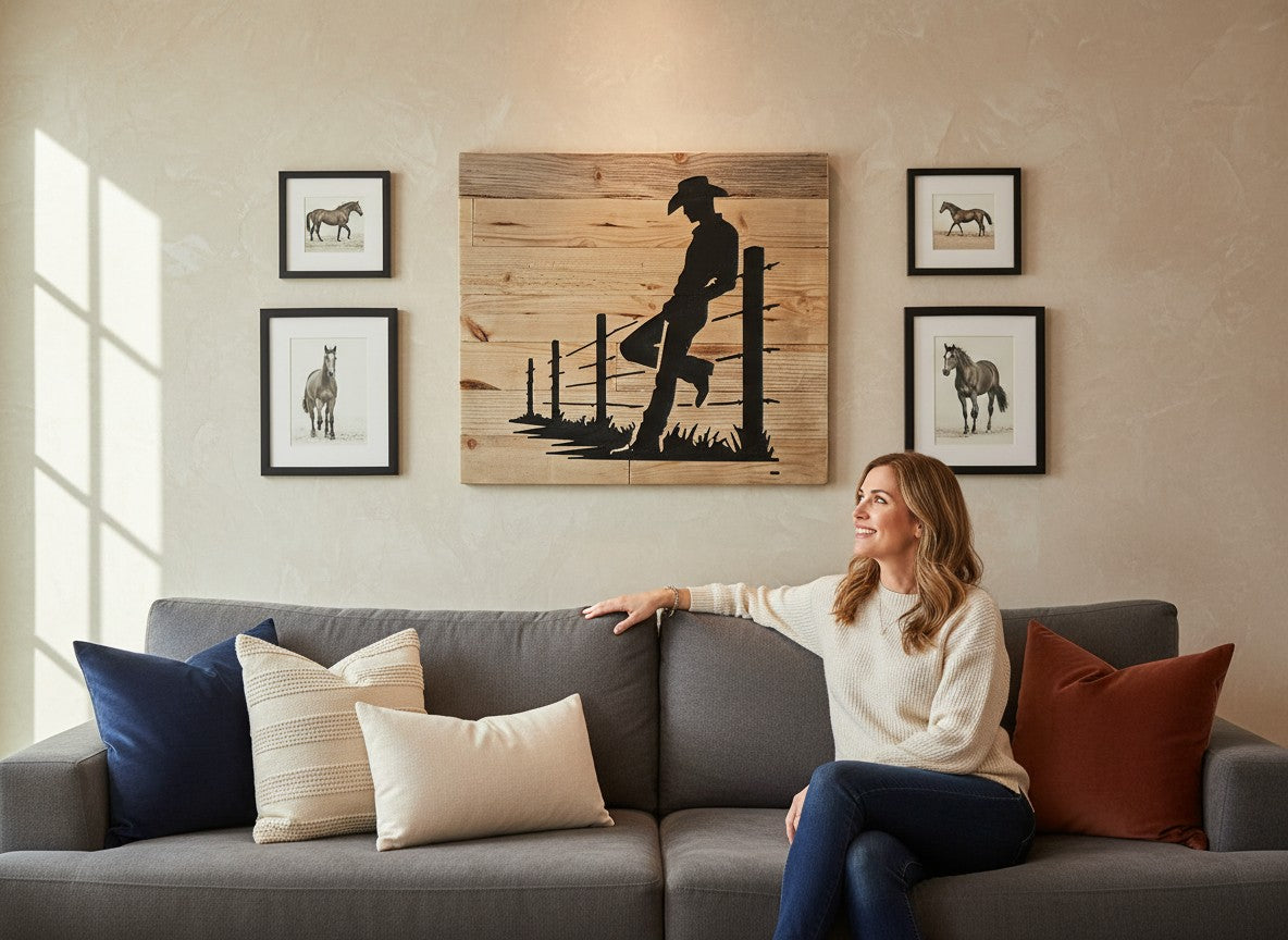 TK Wood Designs reclaimed wood sign featuring a black silhouette of a cowboy leaning on a fence. Western decor.