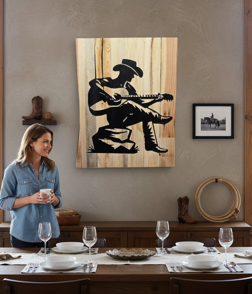 TK Wood Designs rustic reclaimed wood sign featuring a black silhouette of a cowboy playing guitar. Unique wood grain and weathered patina.
