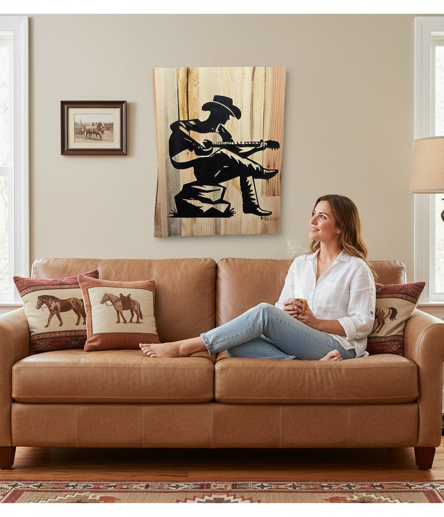 TK Wood Designs reclaimed wood sign of a cowboy silhouette playing guitar, rustic Western decor.