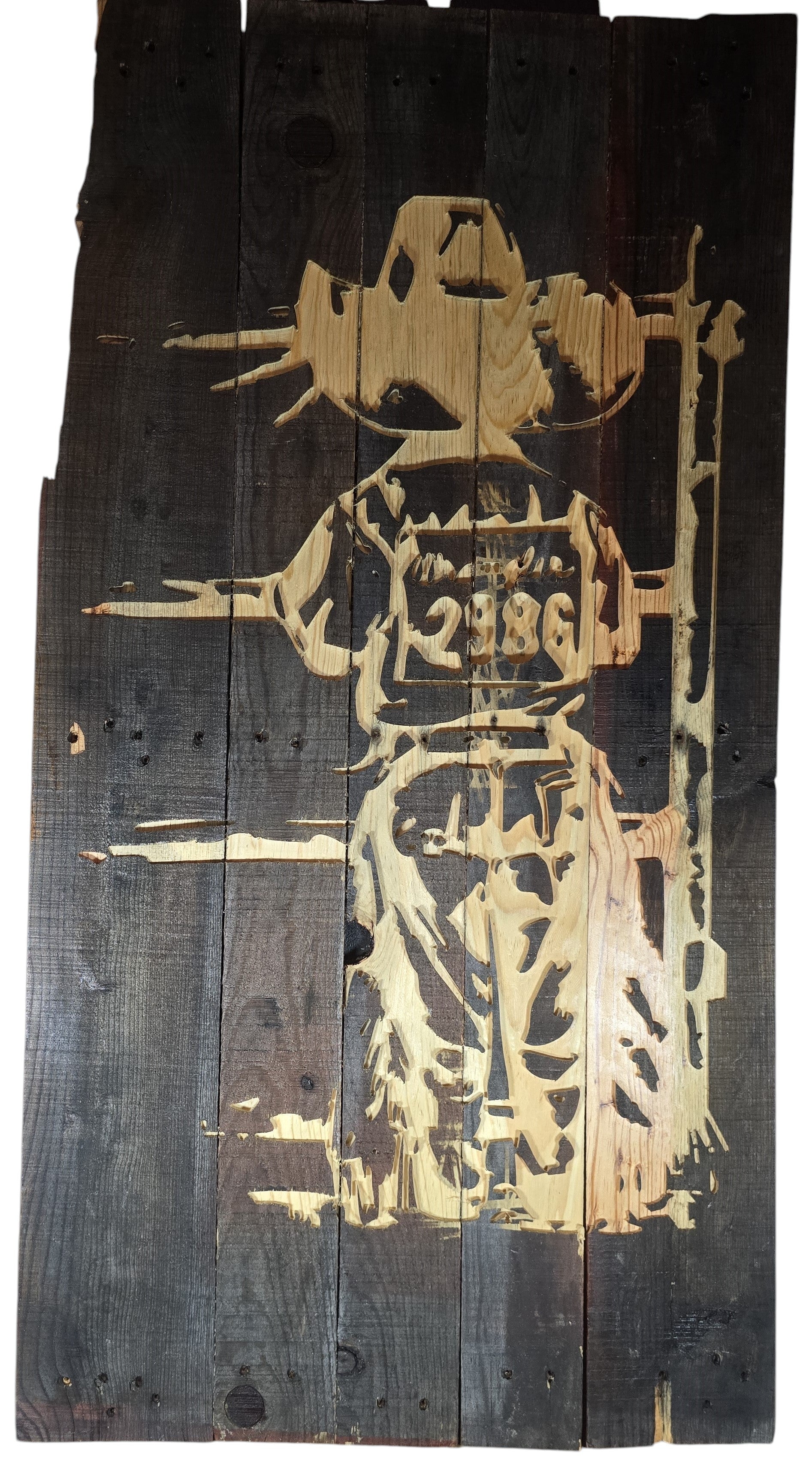 TK Wood Designs reclaimed wood wall art featuring a cowboy silhouette with number 2386, distressed dark wood finish.