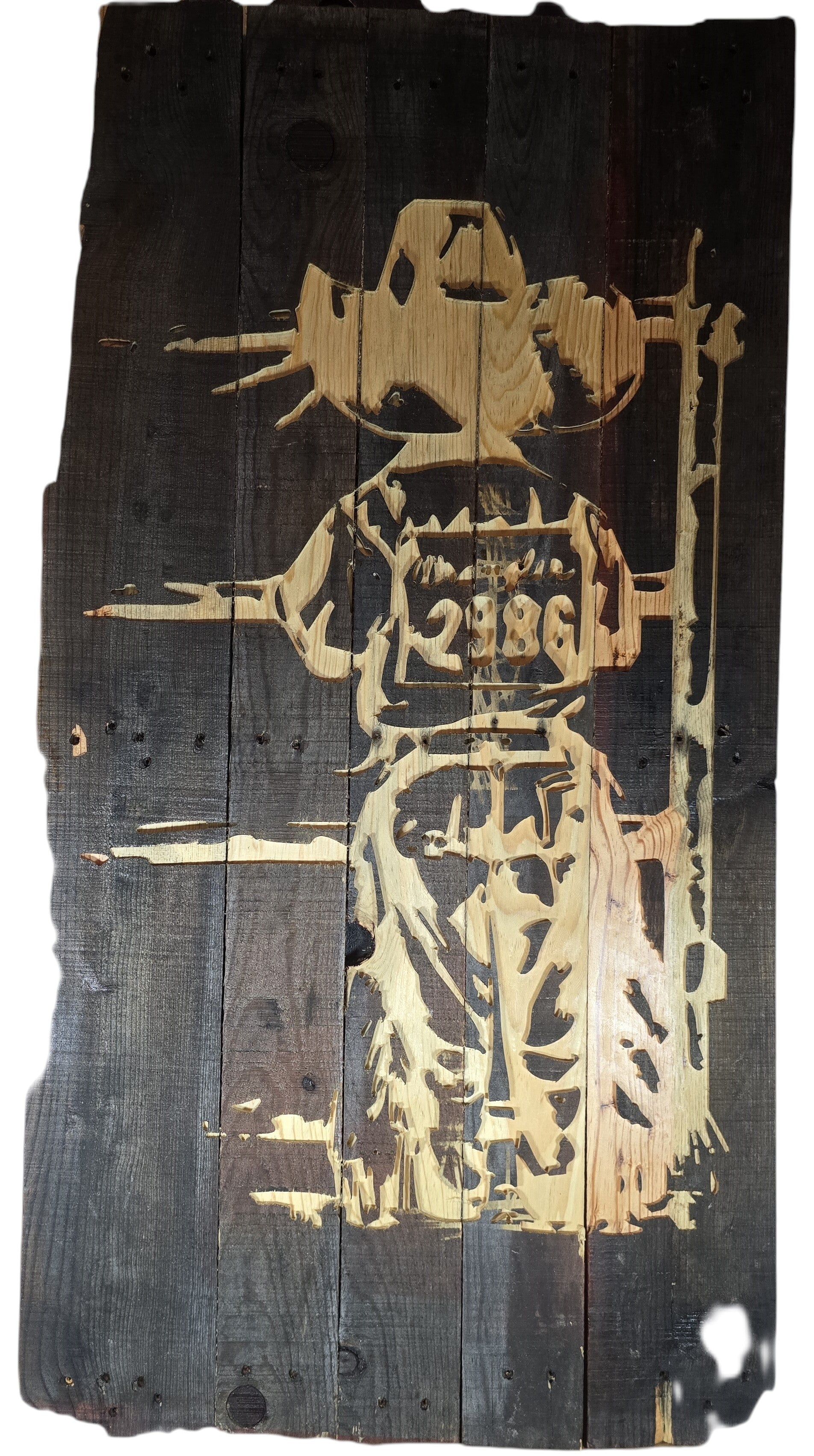 TK Wood Designs rustic cowboy wood wall art with distressed dark wood finish and number 2386.
