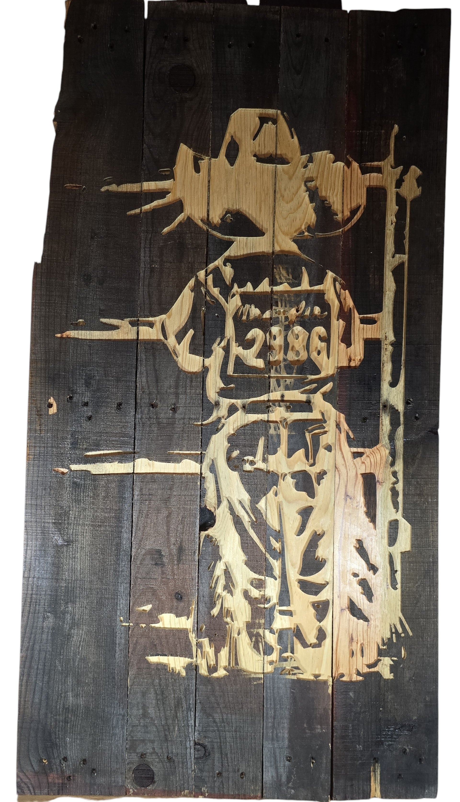 TK Wood Designs rustic cowboy wood wall art with distressed dark wood finish and '2386' detail.