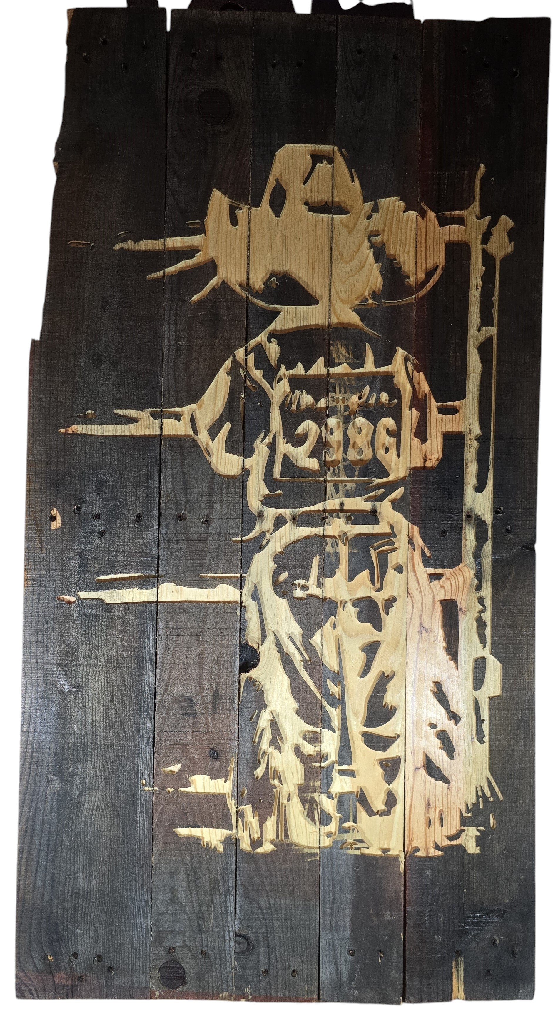 TK Wood Designs rustic cowboy wood wall art, reclaimed wood with distressed dark finish, cowboy silhouette with number 2386.