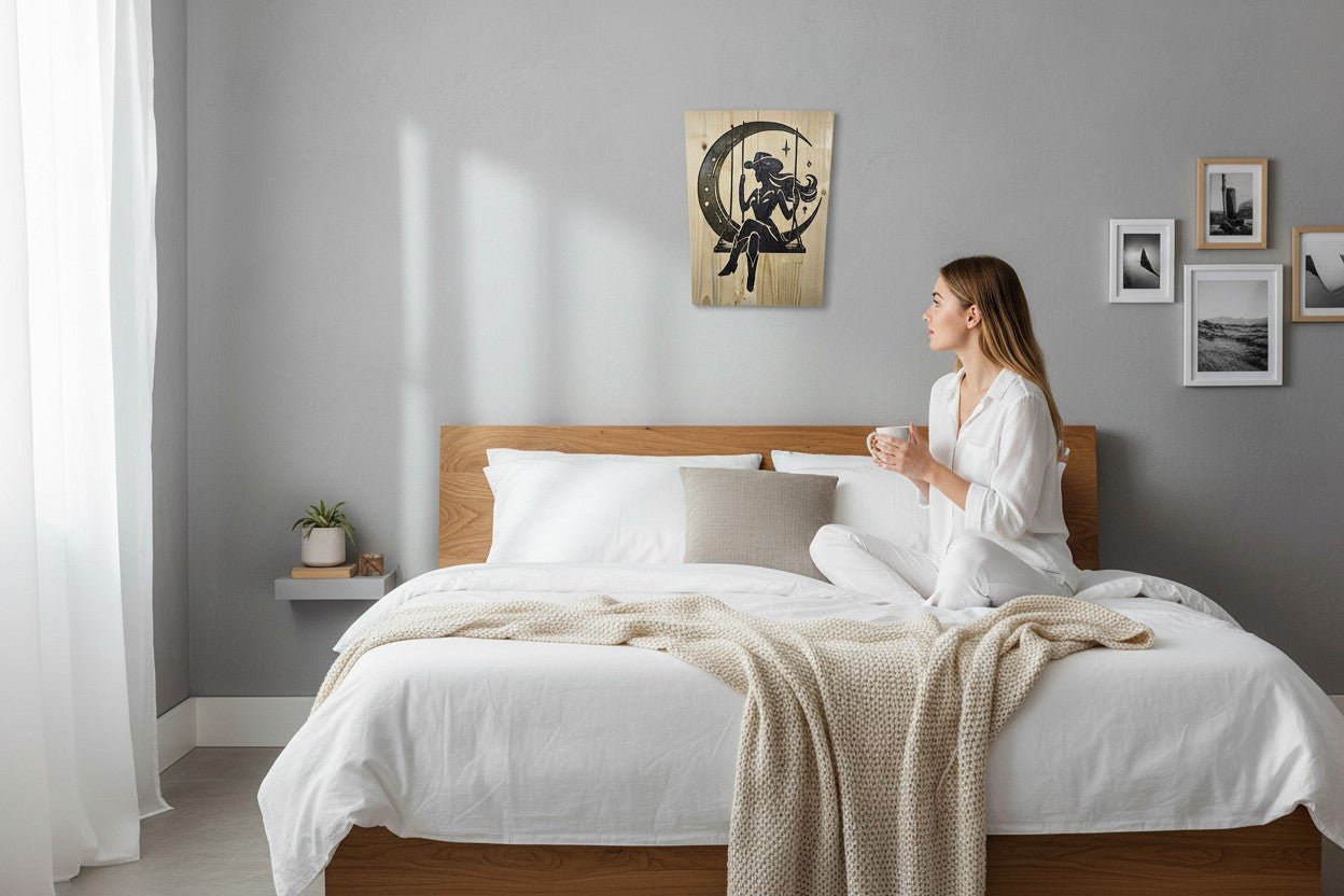 TK Wood Designs rustic wood sign with a silhouette of a cowgirl on a swing against a crescent moon and stars.