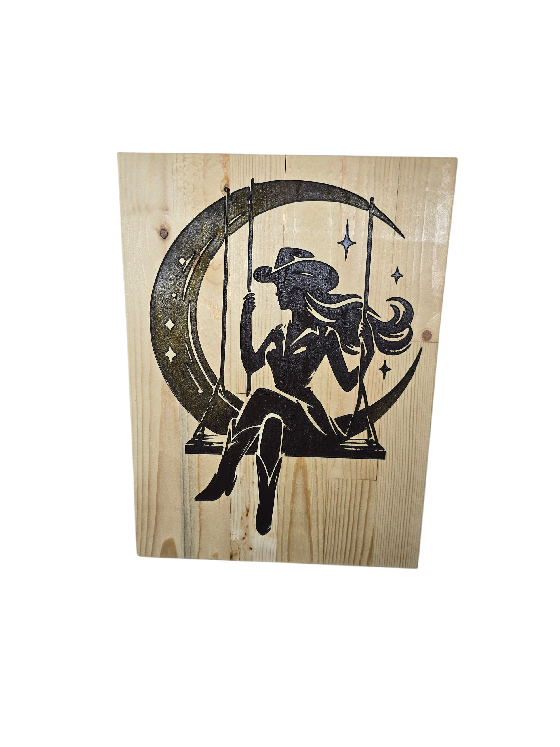 TK Wood Designs rustic wood sign featuring a cowgirl silhouette on a swing against a crescent moon and stars.