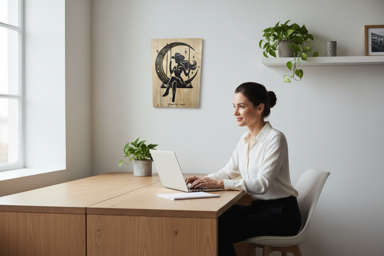 TK Wood Designs rustic wood sign with a silhouette of a cowgirl on a swing against a crescent moon and stars.