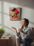 TK Wood Designs rustic wooden wall art featuring a red and black cowgirl silhouette hanging in a cozy living room.