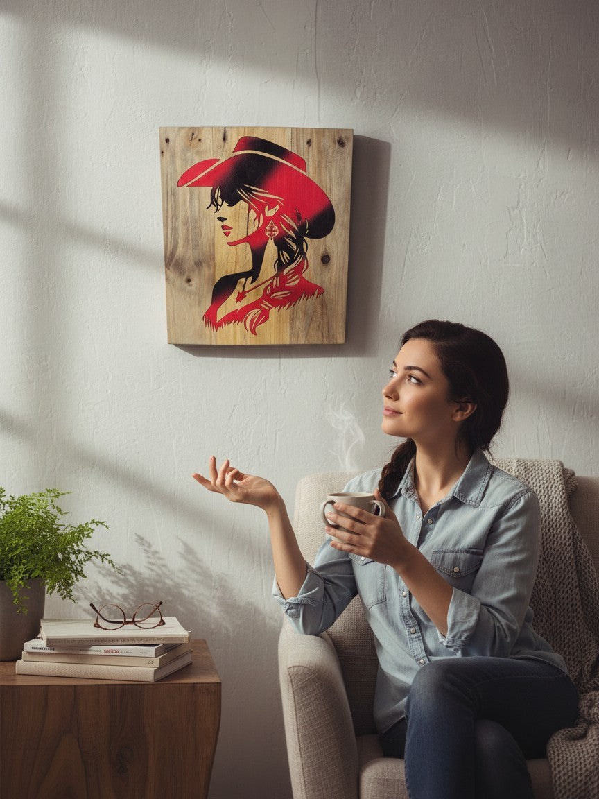 TK Wood Designs rustic wooden wall art featuring a red and black cowgirl silhouette hanging in a cozy living room.