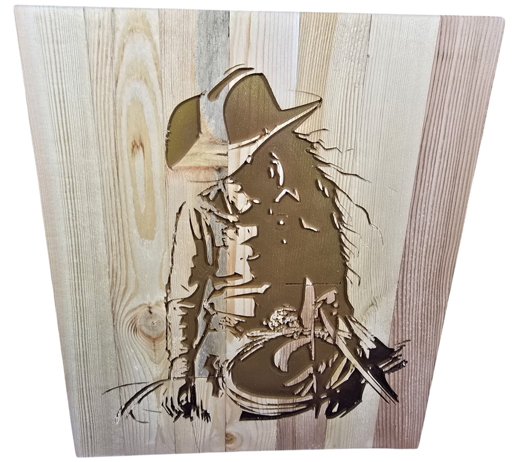 TK Wood Designs handcrafted wooden wall art featuring a cowgirl silhouette carved from natural wood. Rustic Western decor.