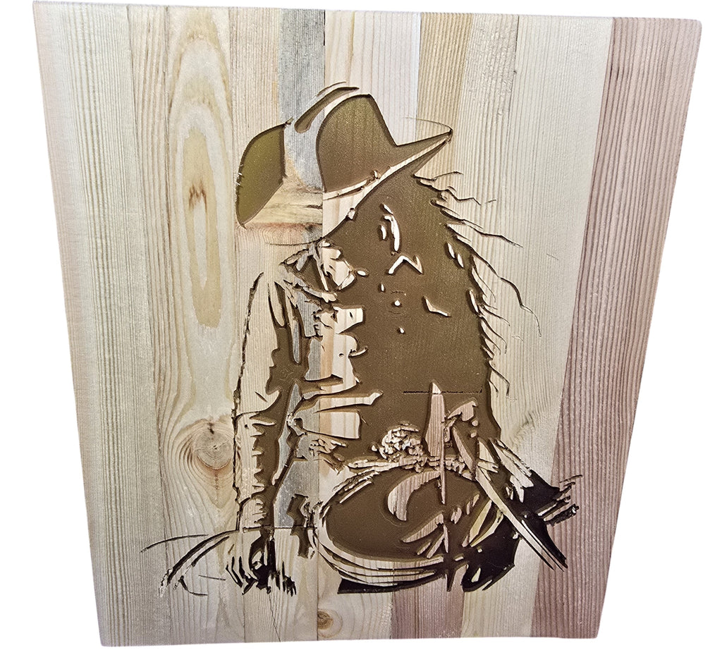 TK Wood Designs handcrafted wooden wall art featuring a cowgirl silhouette carved from premium wood. Rustic American West style.