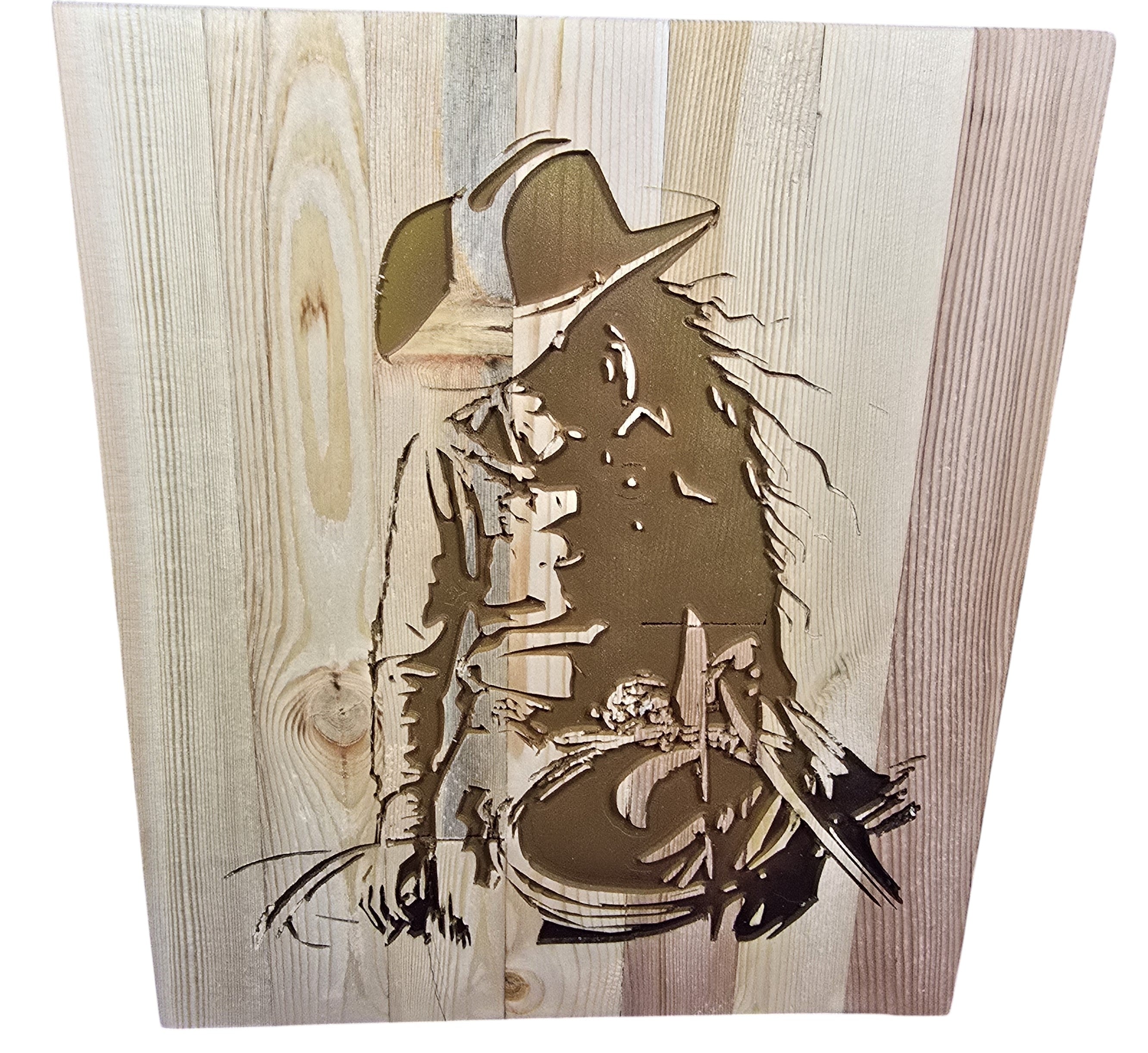 TK Wood Designs handcrafted wooden wall art featuring a cowgirl silhouette carved from premium wood. Rustic American West style.