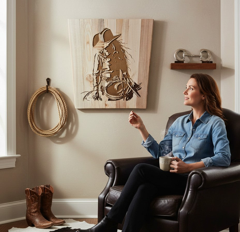 TK Wood Designs handcrafted wooden wall art featuring a cowgirl silhouette carved from premium wood. Rustic western style.