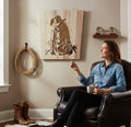 TK Wood Designs handcrafted wooden wall art featuring a cowgirl silhouette carved from premium wood. Rustic western style.