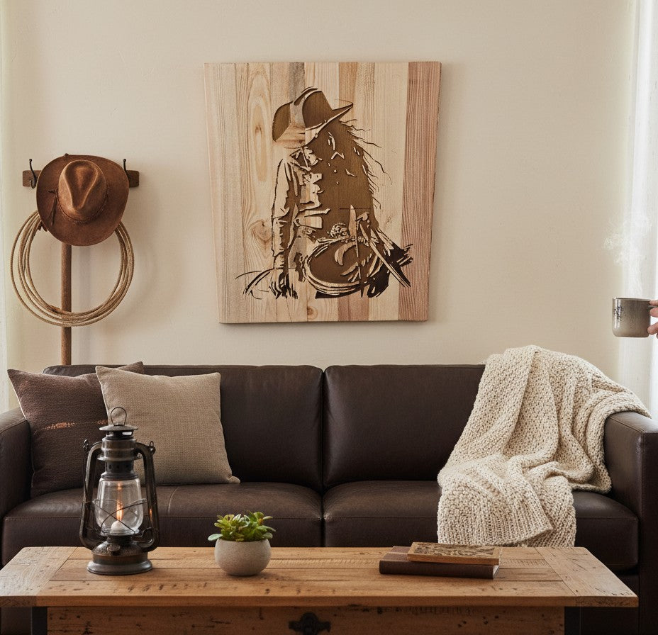 TK Wood Designs handcrafted wooden wall art featuring a cowgirl silhouette carved from premium wood. Rustic western style.
