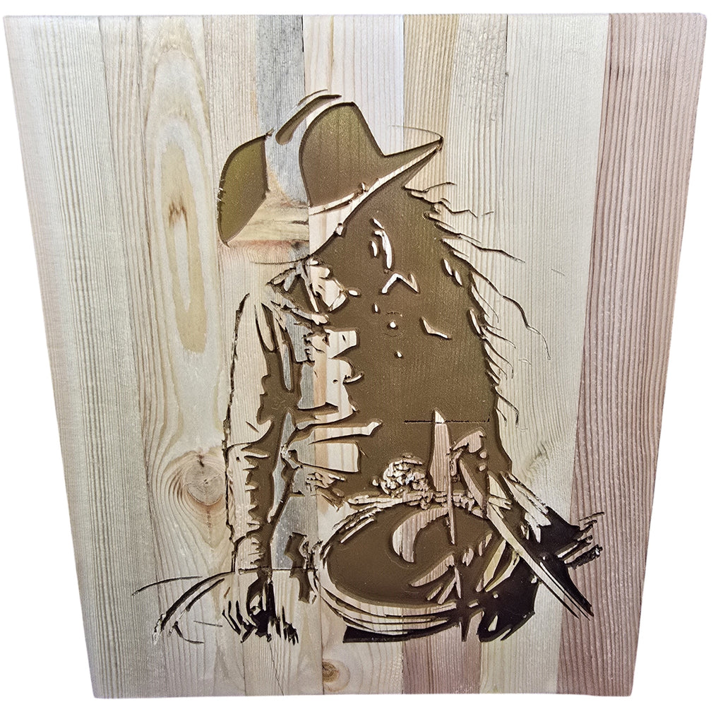 TK Wood Designs handcrafted wooden wall art featuring a cowgirl silhouette carved from premium wood. Rustic western style.