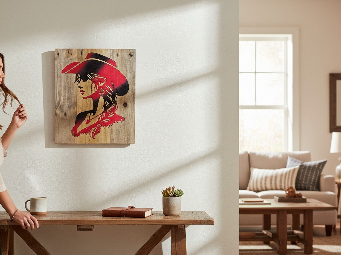 TK Wood Designs rustic wooden wall art featuring a red and black cowgirl silhouette hanging in a bright living room.