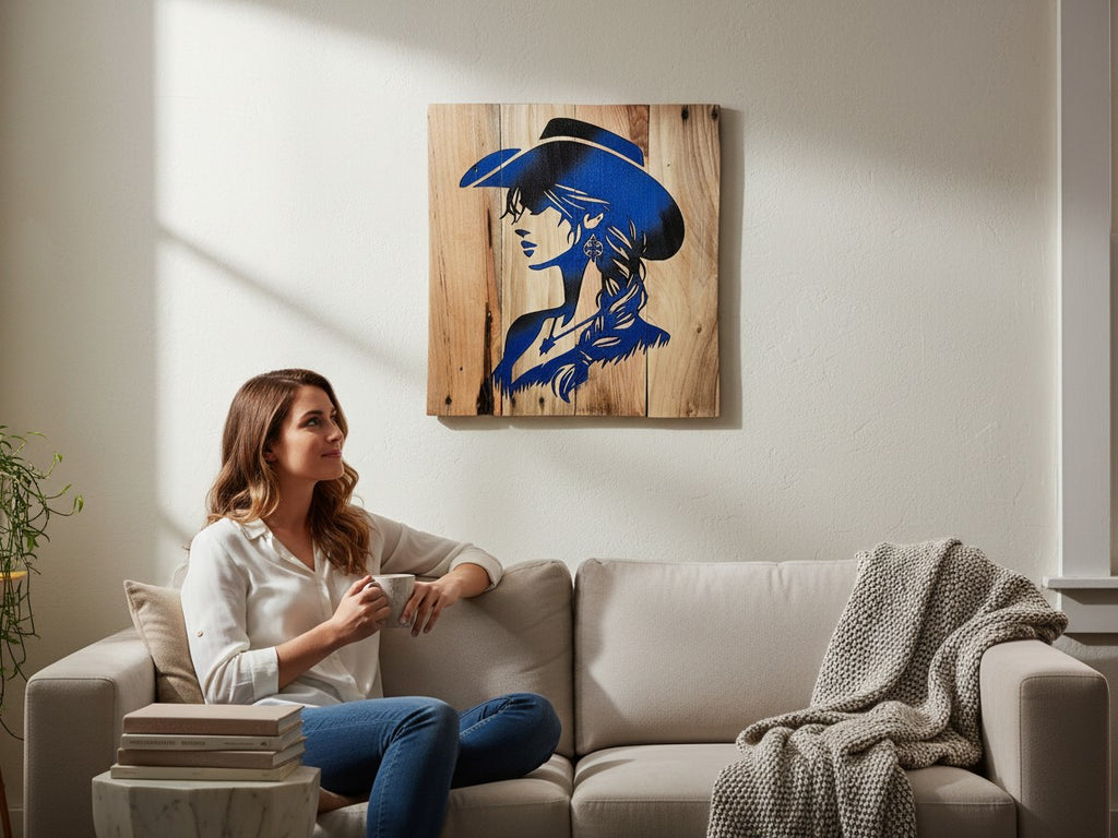 TK Wood Designs rustic wall art featuring a blue cowgirl silhouette on reclaimed wood hanging above a living room sofa