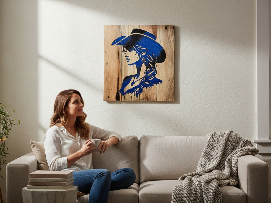 TK Wood Designs rustic wall art featuring a blue cowgirl silhouette on reclaimed wood hanging above a living room sofa