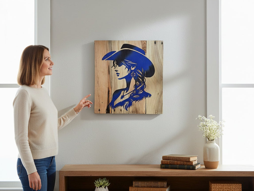 TK Wood Designs rustic wall art featuring a blue cowgirl silhouette on reclaimed wood, displayed in a modern home.