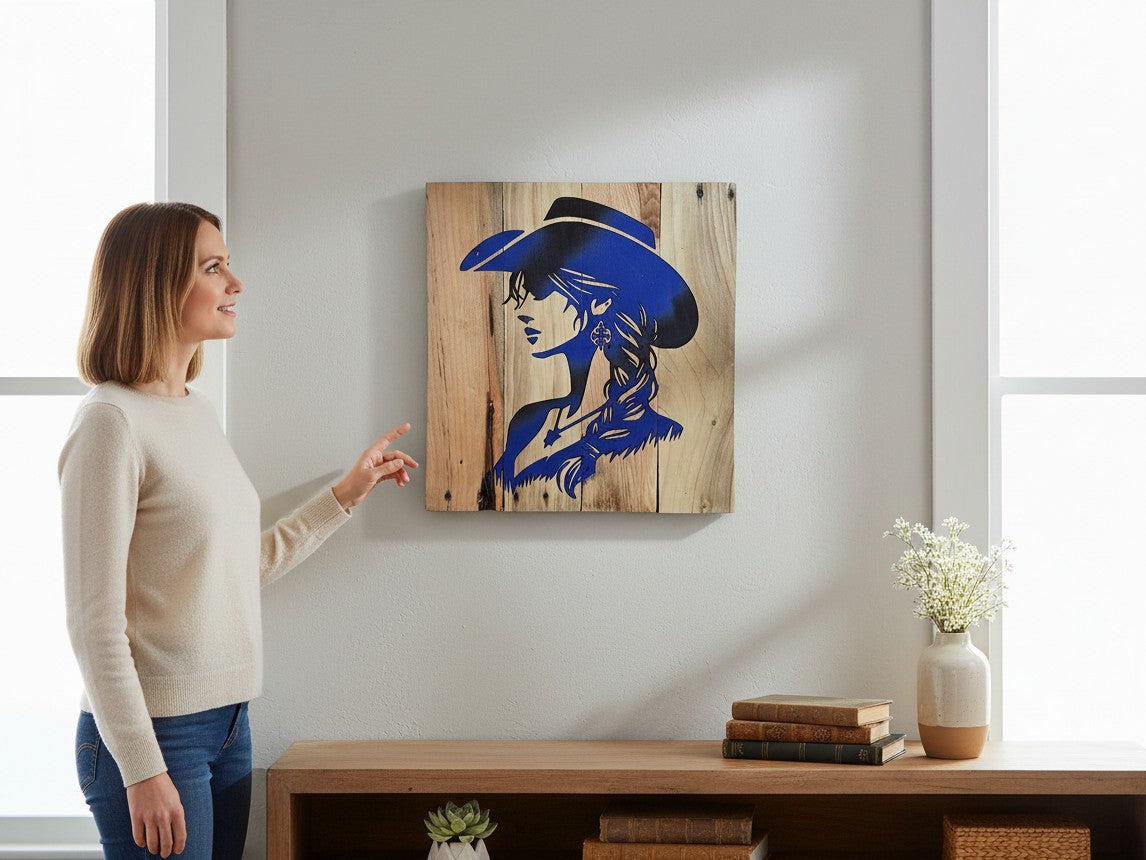 TK Wood Designs rustic wall art featuring a blue cowgirl silhouette on reclaimed wood, displayed in a modern home.