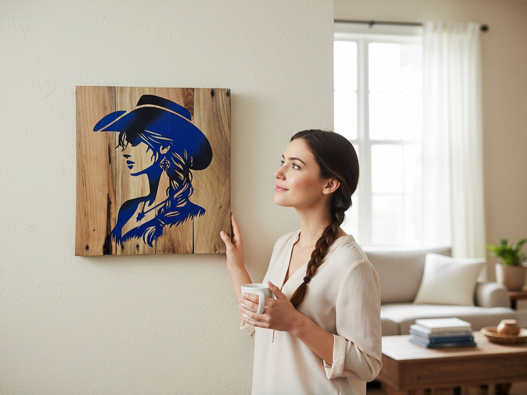 A woman admiring TK Wood Designs rustic cowgirl silhouette wall art featuring a blue design on reclaimed wood.