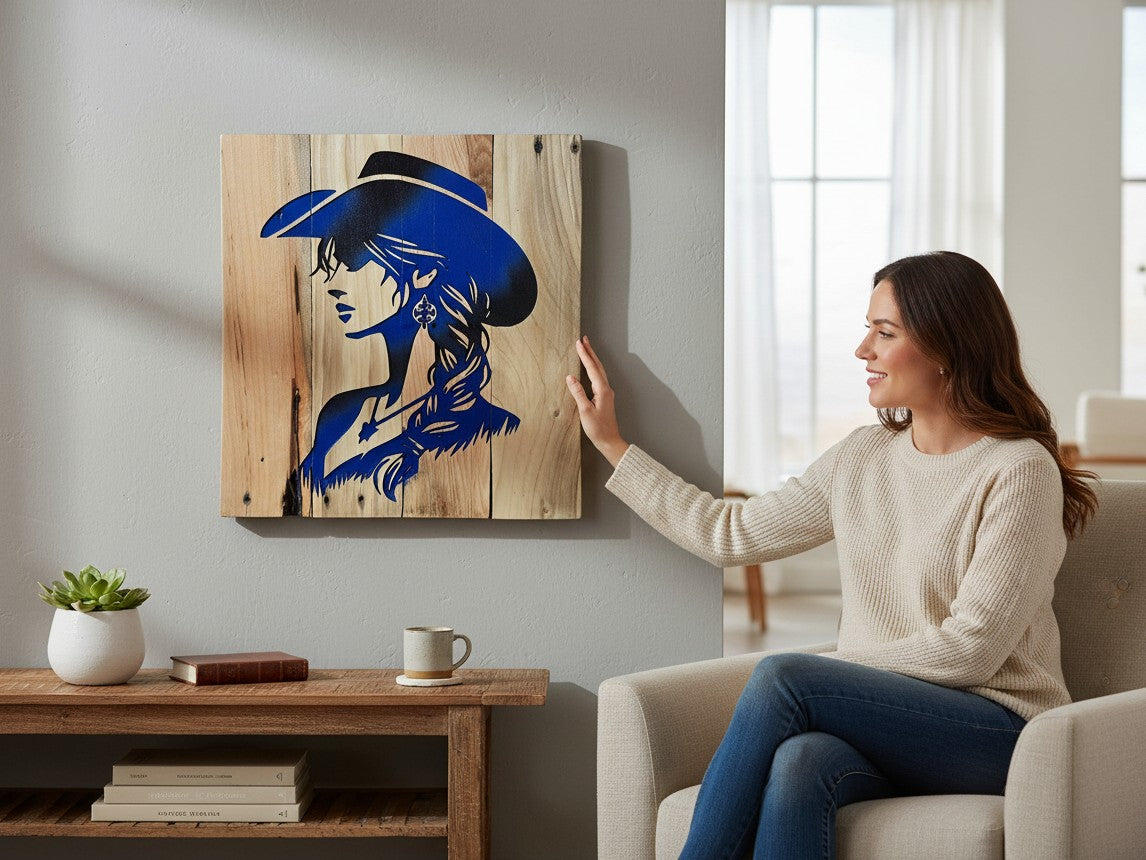 Woman hanging TK Wood Designs rustic cowgirl silhouette wall art on a reclaimed wood panel with blue paint details.