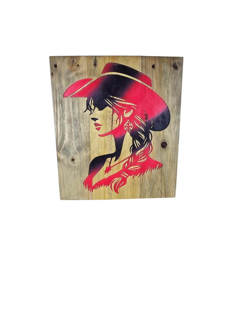 TK Wood Designs rustic wooden sign featuring a red and black silhouette of a cowgirl in a cowboy hat.