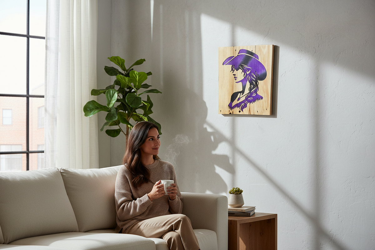 TK Wood Designs handcrafted wooden wall art featuring a purple and black cowgirl silhouette hanging in a bright living room