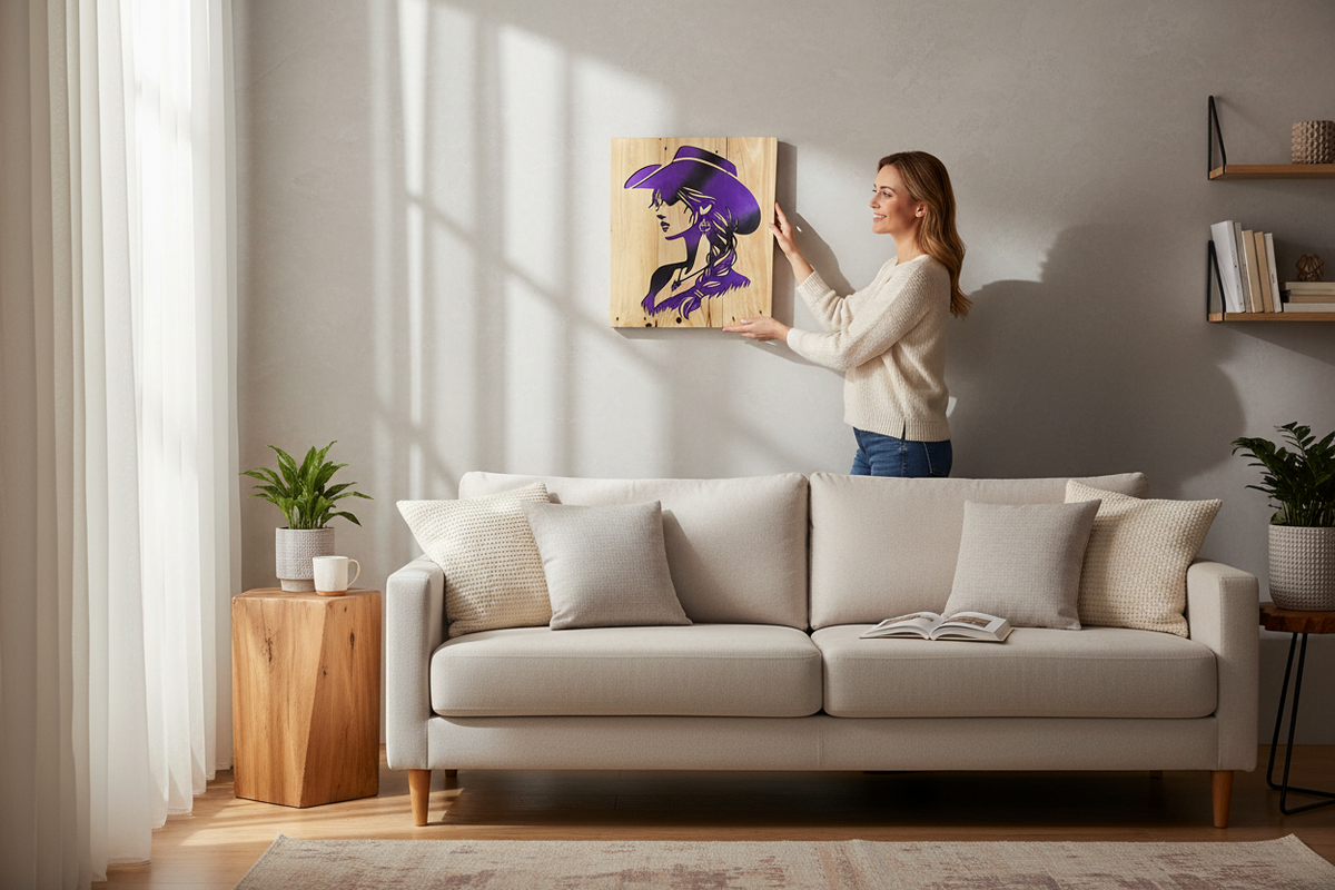 Woman hanging a TK Wood Designs handcrafted wooden wall art featuring a purple and black cowgirl silhouette in a room